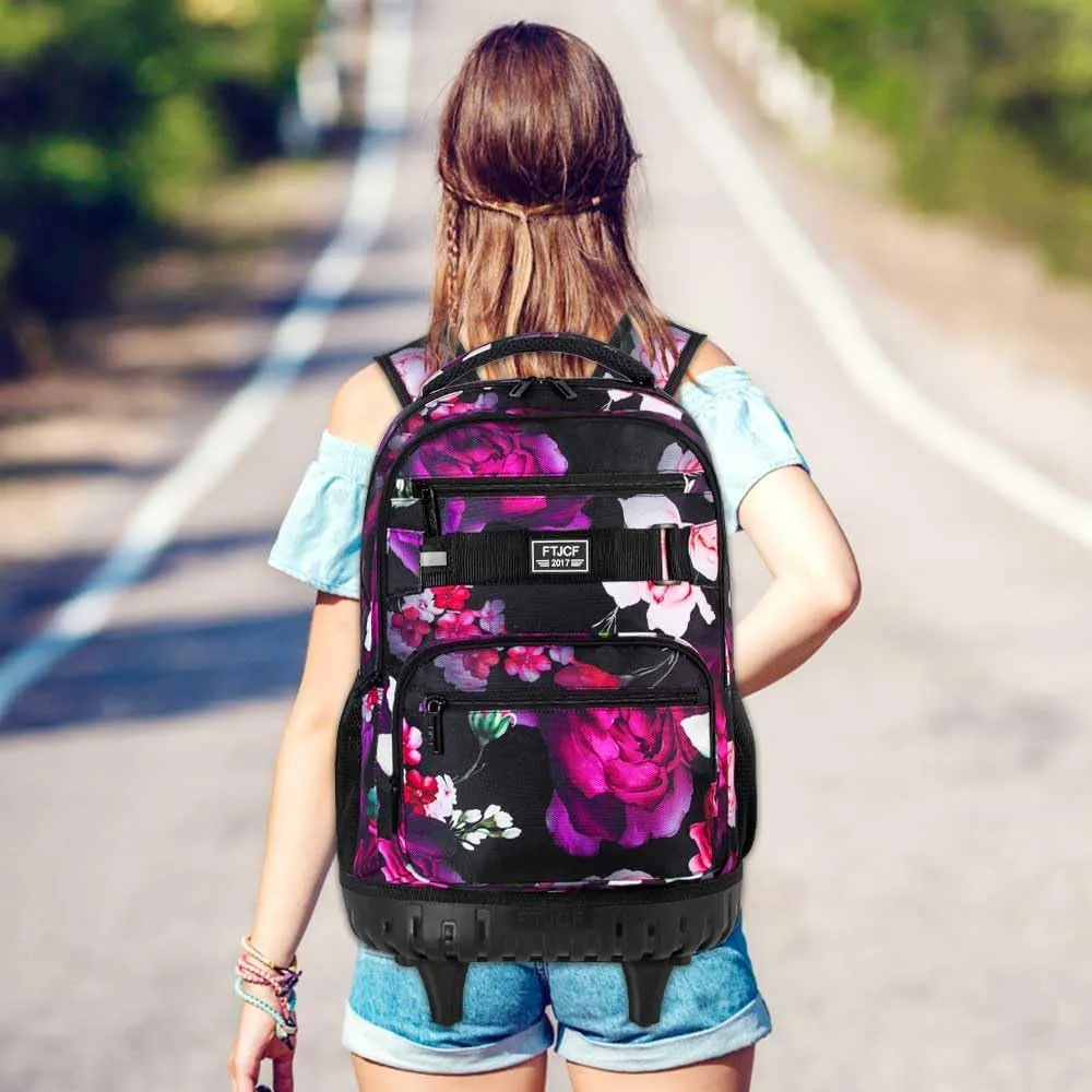 3Pcs Rolling Backpack for Girls, 19 Inche Rose Roller Bag with Wheels, Adults Wheeled Bookbag Set for Women(Black)