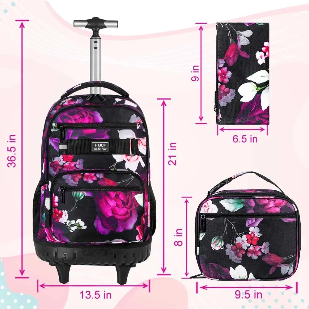 3Pcs Rolling Backpack for Girls, 19 Inche Rose Roller Bag with Wheels, Adults Wheeled Bookbag Set for Women(Black)