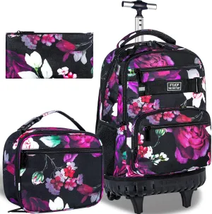 3Pcs Rolling Backpack for Girls, 19 Inche Rose Roller Bag with Wheels, Adults Wheeled Bookbag Set for Women(Black)