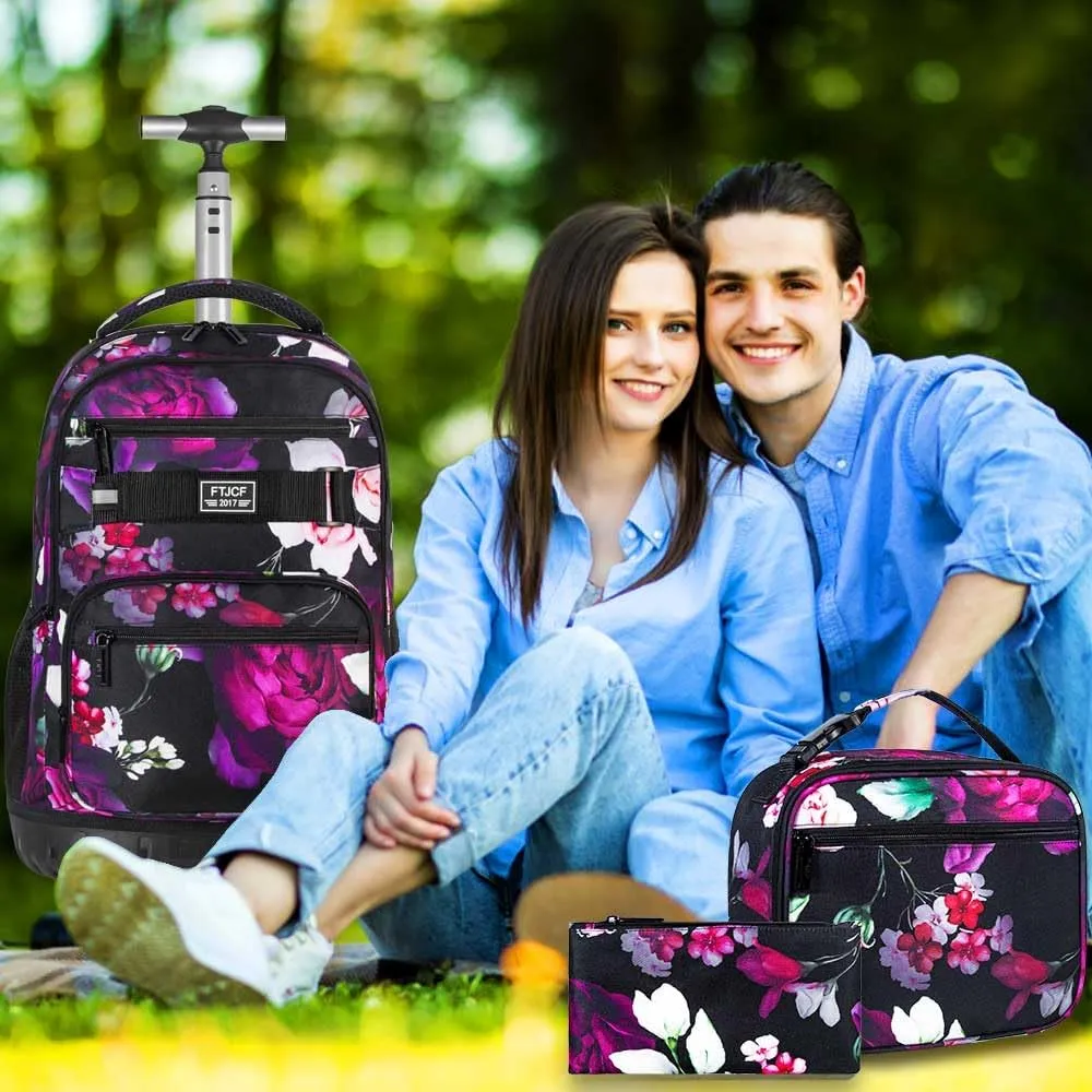 3Pcs Rolling Backpack for Girls, 19 Inche Rose Roller Bag with Wheels, Adults Wheeled Bookbag Set for Women(Black)