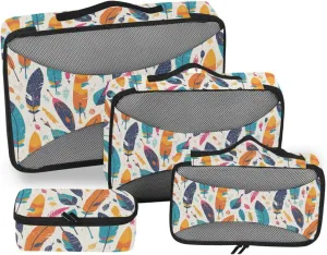 4 Pcs set bag organizer insert Mesh Travel Essentials Colorful Feathers portable set packing cubes