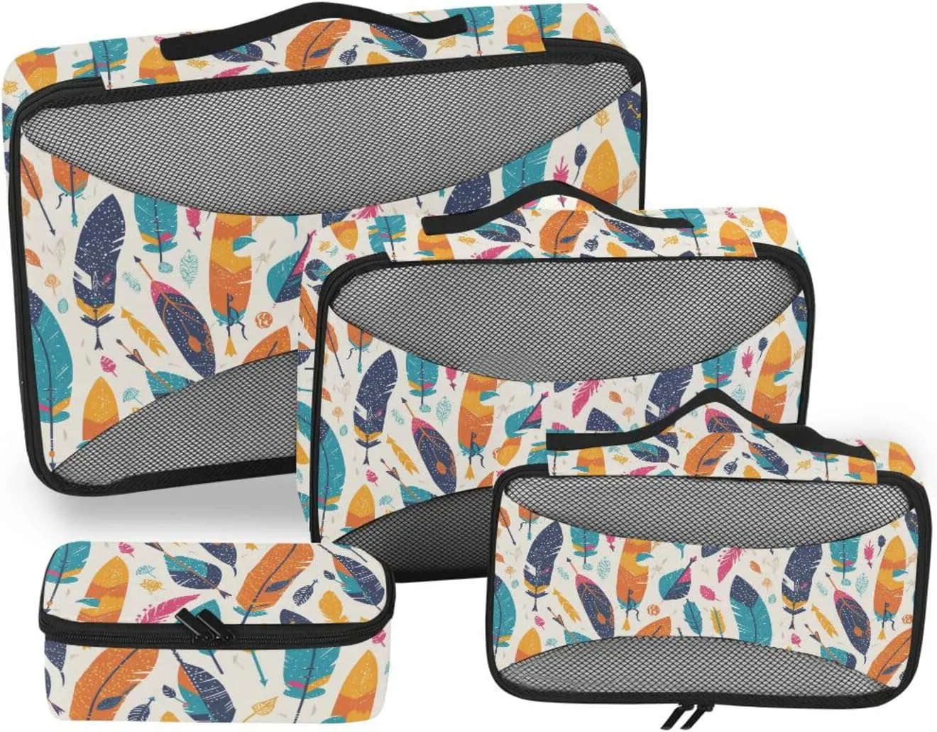 4 Pcs set bag organizer insert Mesh Travel Essentials Colorful Feathers portable set packing cubes