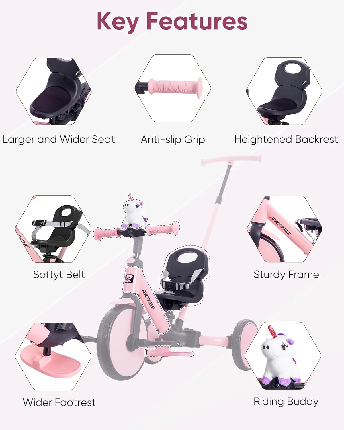 5-in-1 Kids Tricycle for Toddlers 1.5-3, Tool-Free Convertible Kids Push Trike to Balance Bike, Safety Belt, Removable Backrest and Footrest, Ride-On Toy for Boys & Girls, Pink