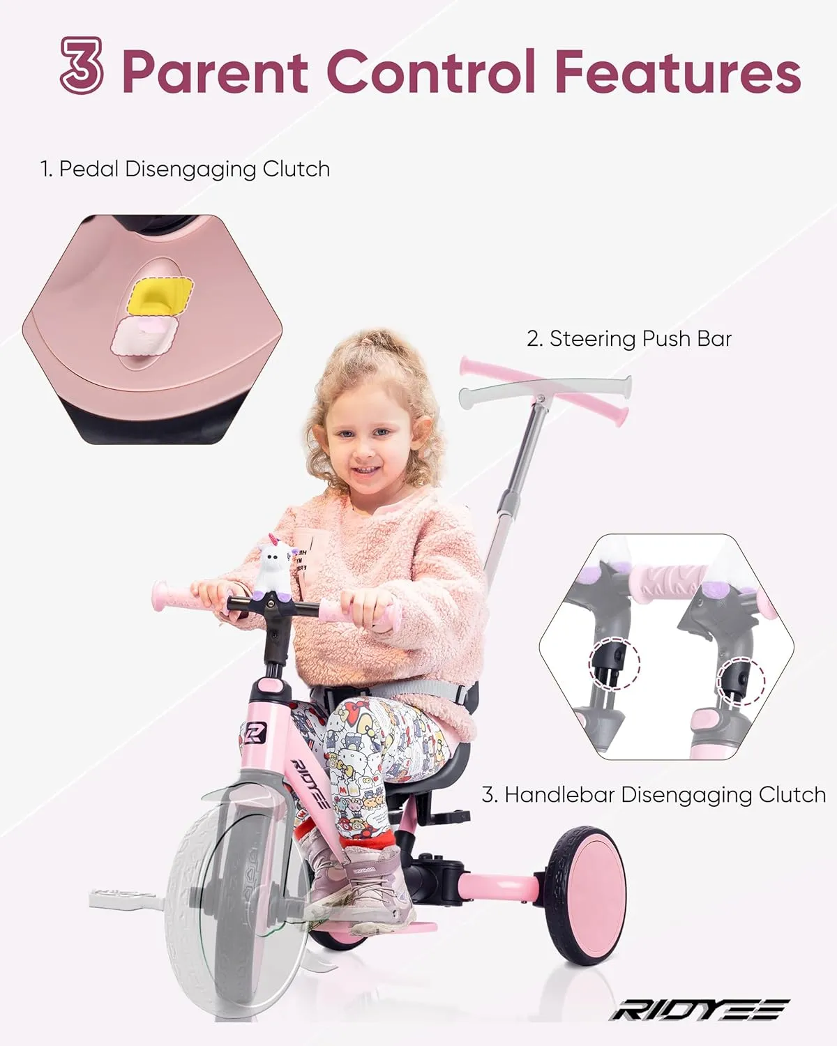 5-in-1 Kids Tricycle for Toddlers 1.5-3, Tool-Free Convertible Kids Push Trike to Balance Bike, Safety Belt, Removable Backrest and Footrest, Ride-On Toy for Boys & Girls, Pink