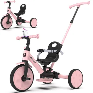 5-in-1 Kids Tricycle for Toddlers 1.5-3, Tool-Free Convertible Kids Push Trike to Balance Bike, Safety Belt, Removable Backrest and Footrest, Ride-On Toy for Boys & Girls, Pink