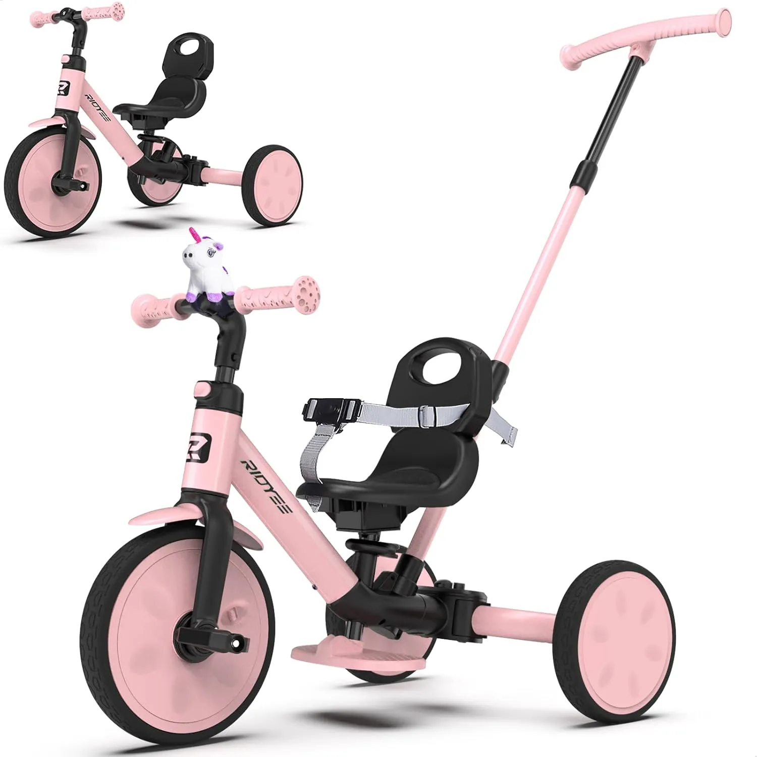 5-in-1 Kids Tricycle for Toddlers 1.5-3, Tool-Free Convertible Kids Push Trike to Balance Bike, Safety Belt, Removable Backrest and Footrest, Ride-On Toy for Boys & Girls, Pink
