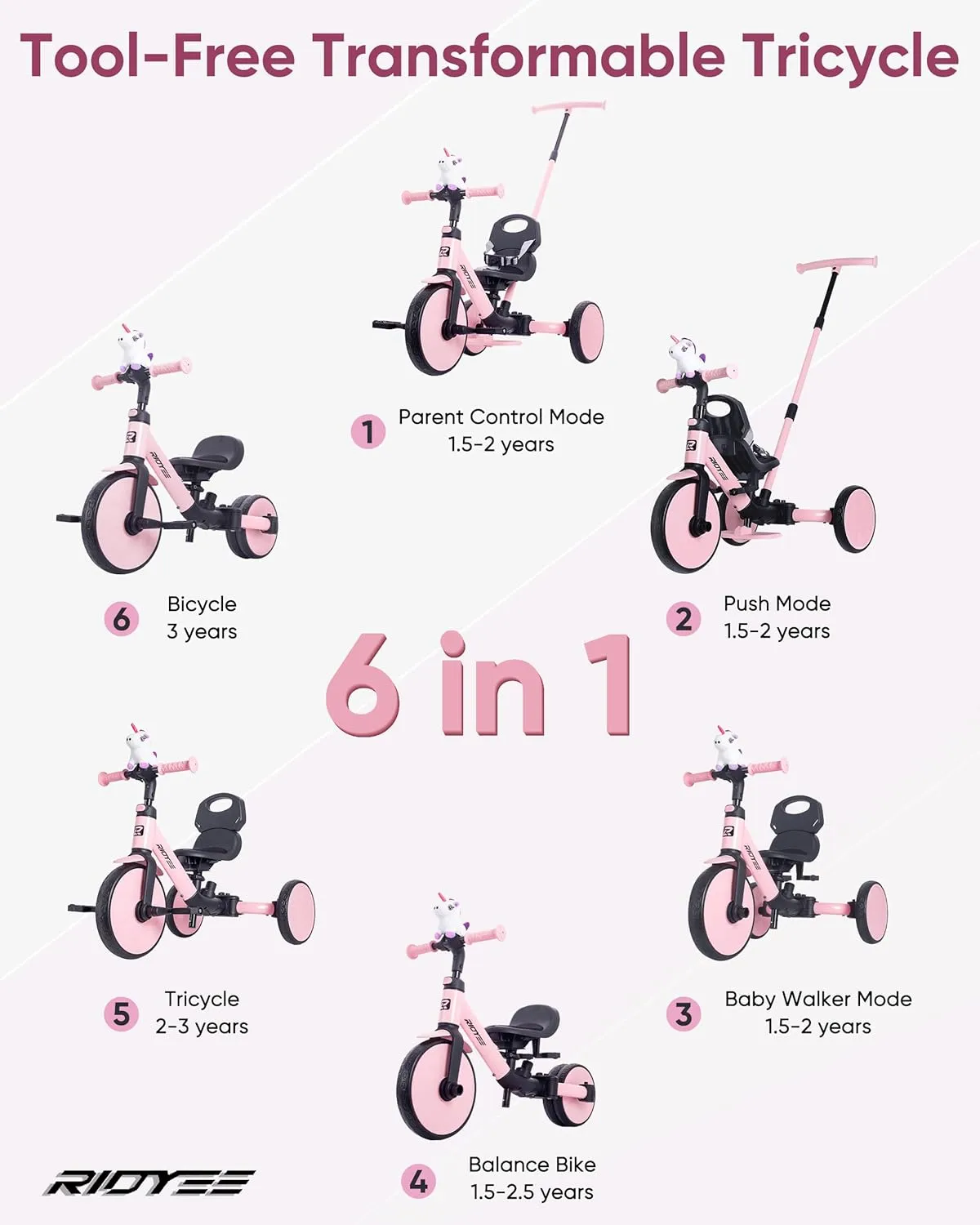 5-in-1 Kids Tricycle for Toddlers 1.5-3, Tool-Free Convertible Kids Push Trike to Balance Bike, Safety Belt, Removable Backrest and Footrest, Ride-On Toy for Boys & Girls, Pink