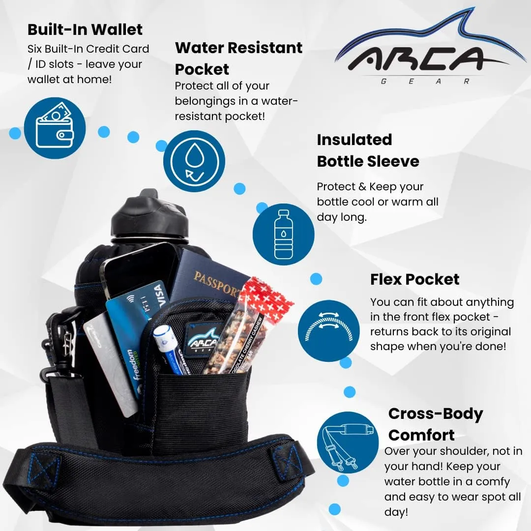 64 OZ Hydro Carrier Large - Insulated Water Bottle Sling w/Carry Handle, Shoulder Strap, Wallet and Two Pouches - The Perfect Flask Accessory