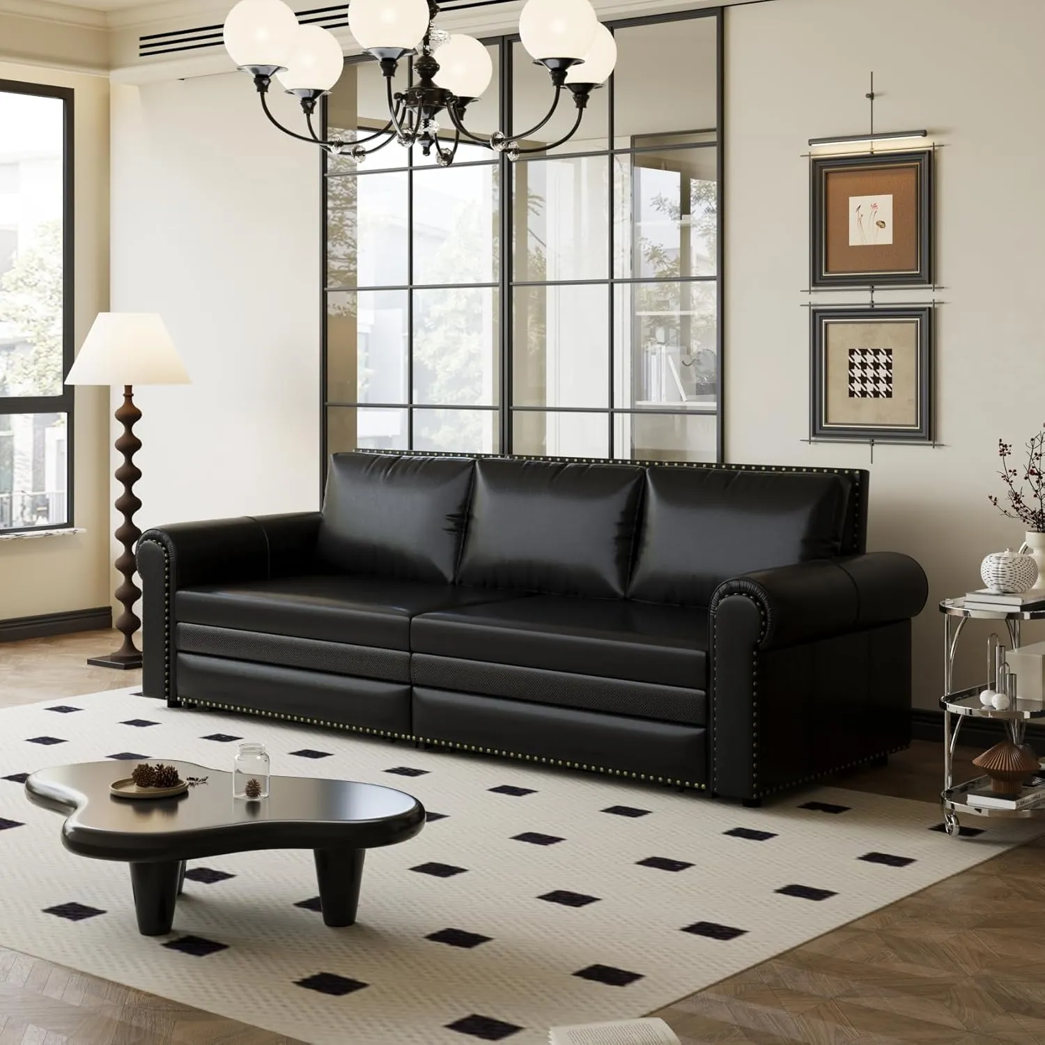 93.7" King Size Sofa Bed Couch,PU Leather 3-in-1 Convertible Pull Out Sleeper Sofa Bed,Chesterfield Sofa with Nailhead Trim and Rolled Arm,Black