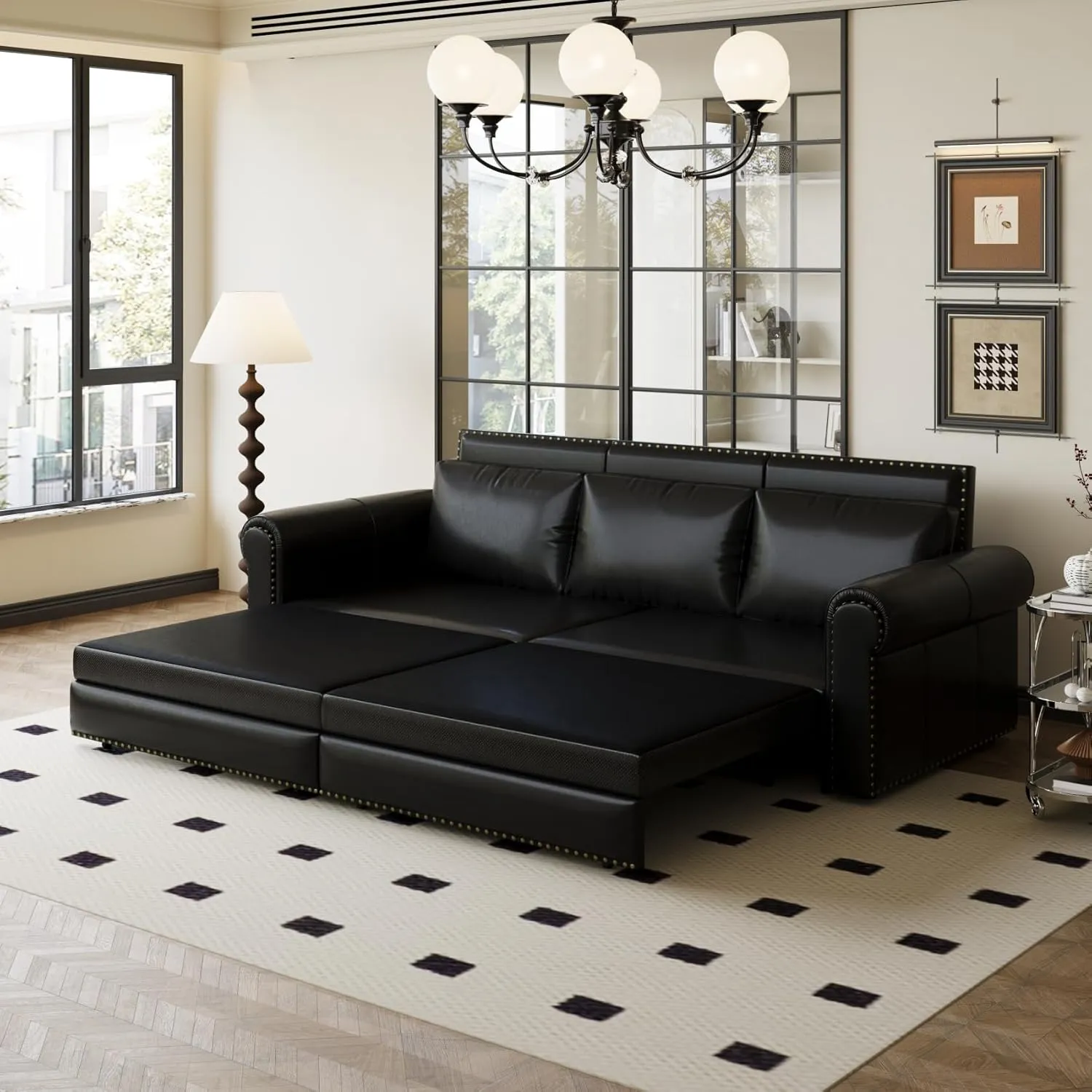 93.7" King Size Sofa Bed Couch,PU Leather 3-in-1 Convertible Pull Out Sleeper Sofa Bed,Chesterfield Sofa with Nailhead Trim and Rolled Arm,Black