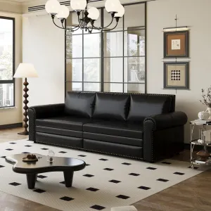 93.7" King Size Sofa Bed Couch,PU Leather 3-in-1 Convertible Pull Out Sleeper Sofa Bed,Chesterfield Sofa with Nailhead Trim and Rolled Arm,Black