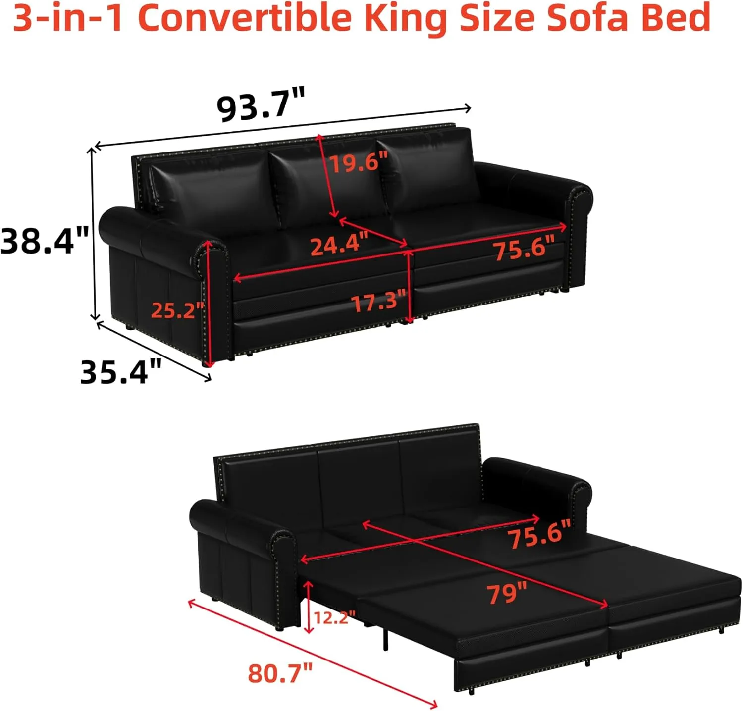 93.7" King Size Sofa Bed Couch,PU Leather 3-in-1 Convertible Pull Out Sleeper Sofa Bed,Chesterfield Sofa with Nailhead Trim and Rolled Arm,Black