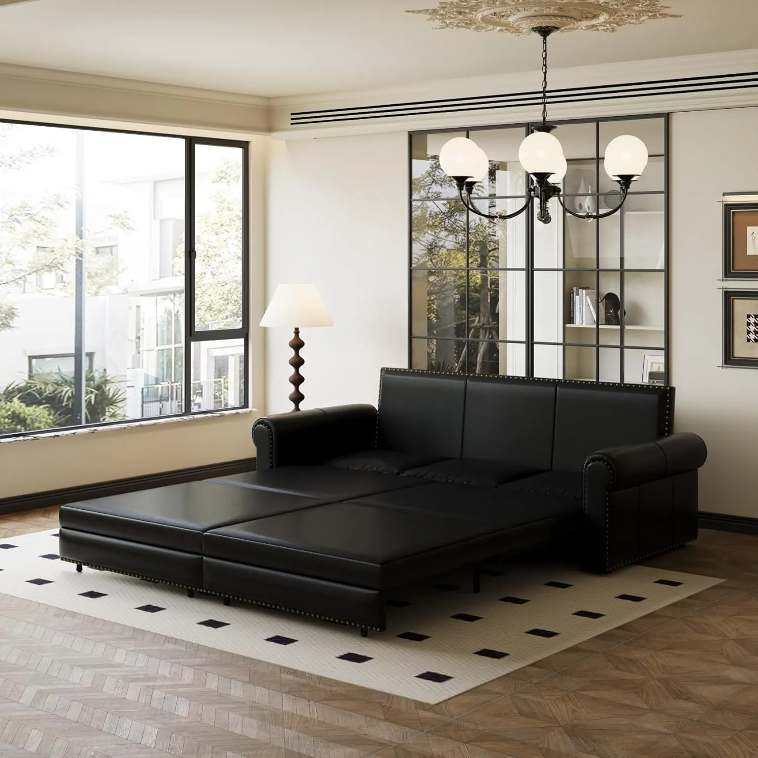 93.7" King Size Sofa Bed Couch,PU Leather 3-in-1 Convertible Pull Out Sleeper Sofa Bed,Chesterfield Sofa with Nailhead Trim and Rolled Arm,Black