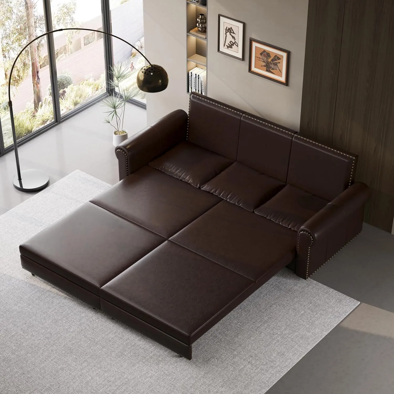 93.7" King Size Sofa Bed Couch,PU Leather 3-in-1 Convertible Pull Out Sleeper Sofa Bed,Chesterfield Sofa with Nailhead Trim and Rolled Arm,Dark Brown