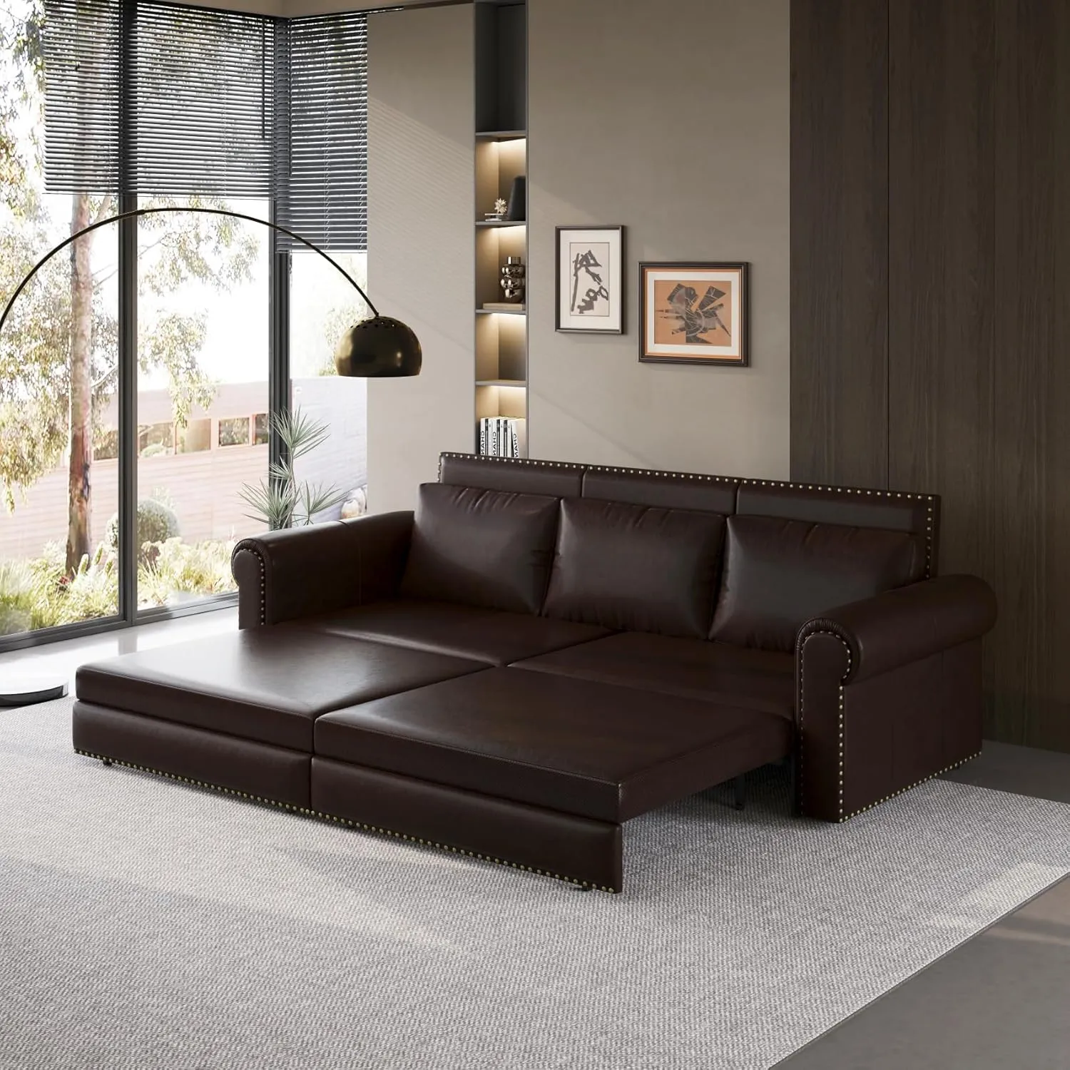 93.7" King Size Sofa Bed Couch,PU Leather 3-in-1 Convertible Pull Out Sleeper Sofa Bed,Chesterfield Sofa with Nailhead Trim and Rolled Arm,Dark Brown