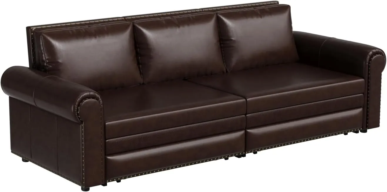 93.7" King Size Sofa Bed Couch,PU Leather 3-in-1 Convertible Pull Out Sleeper Sofa Bed,Chesterfield Sofa with Nailhead Trim and Rolled Arm,Dark Brown