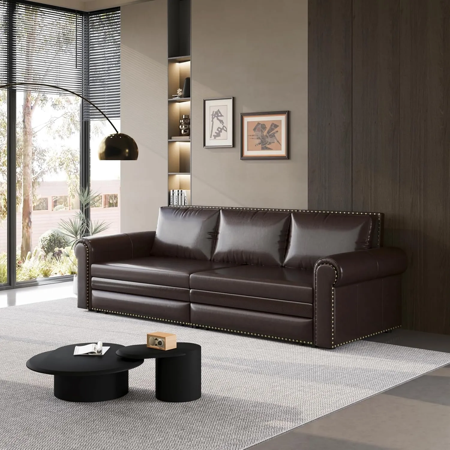 93.7" King Size Sofa Bed Couch,PU Leather 3-in-1 Convertible Pull Out Sleeper Sofa Bed,Chesterfield Sofa with Nailhead Trim and Rolled Arm,Dark Brown