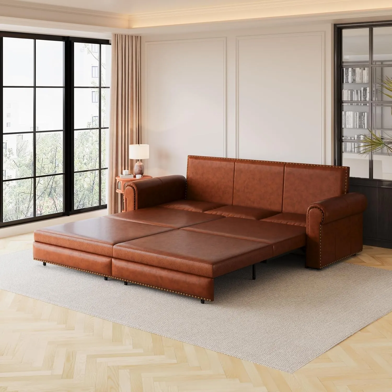 93.7" King Size Sofa Bed Couch,PU Leather 3-in-1 Convertible Pull Out Sleeper Sofa Bed,Chesterfield Sofa with Nailhead Trim and Rolled Arm,Light Brown
