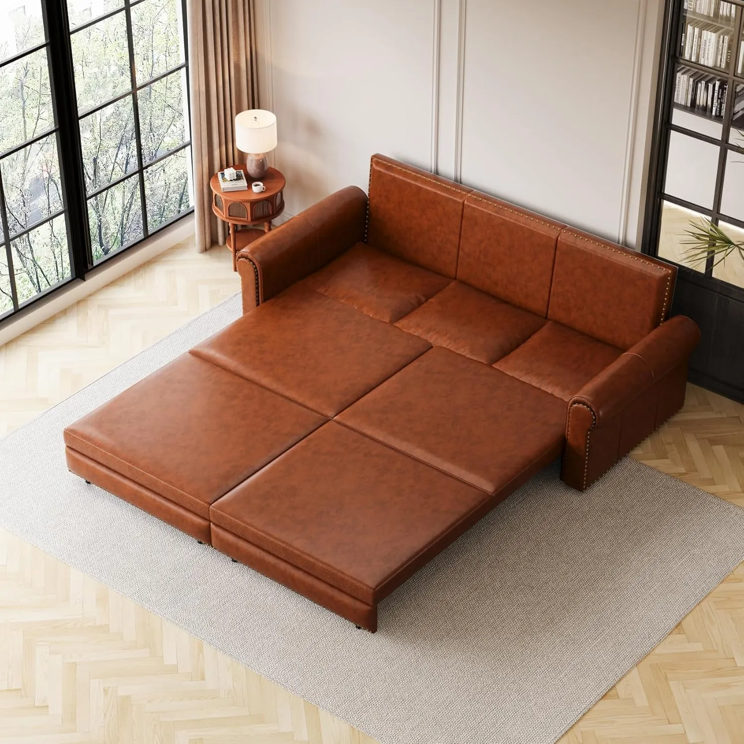 93.7" King Size Sofa Bed Couch,PU Leather 3-in-1 Convertible Pull Out Sleeper Sofa Bed,Chesterfield Sofa with Nailhead Trim and Rolled Arm,Light Brown