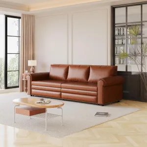93.7" King Size Sofa Bed Couch,PU Leather 3-in-1 Convertible Pull Out Sleeper Sofa Bed,Chesterfield Sofa with Nailhead Trim and Rolled Arm,Light Brown