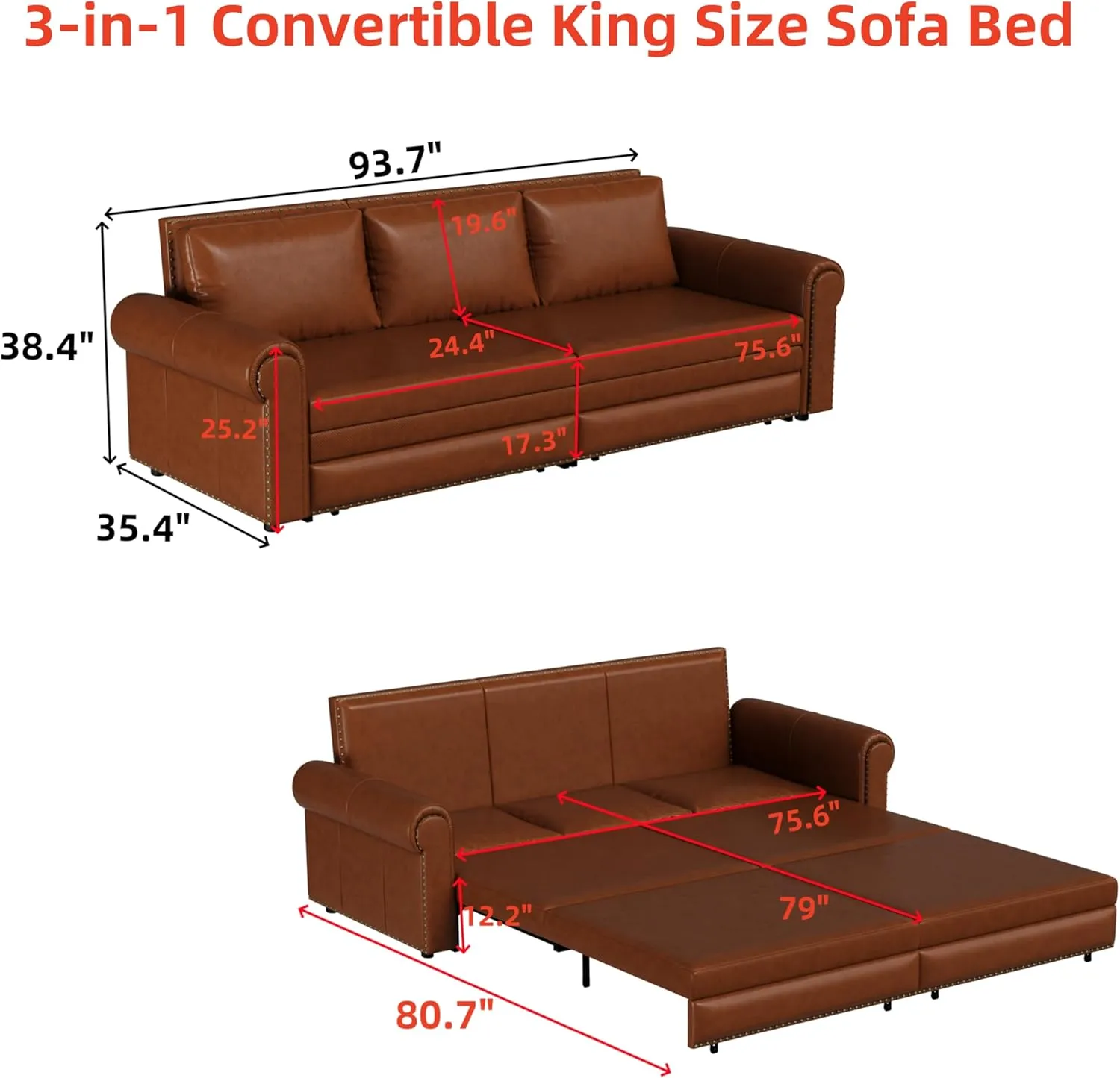 93.7" Living Room King Size Sofabed 3 in 1 Chesterfield Sofa Nailhead Trim Convertible Sleeper, Faux Leather Upholstered Chaise Daybed Oversized Loveseat 3Seater Sofa&Couch W/Pull Out Sleep Couch Bed