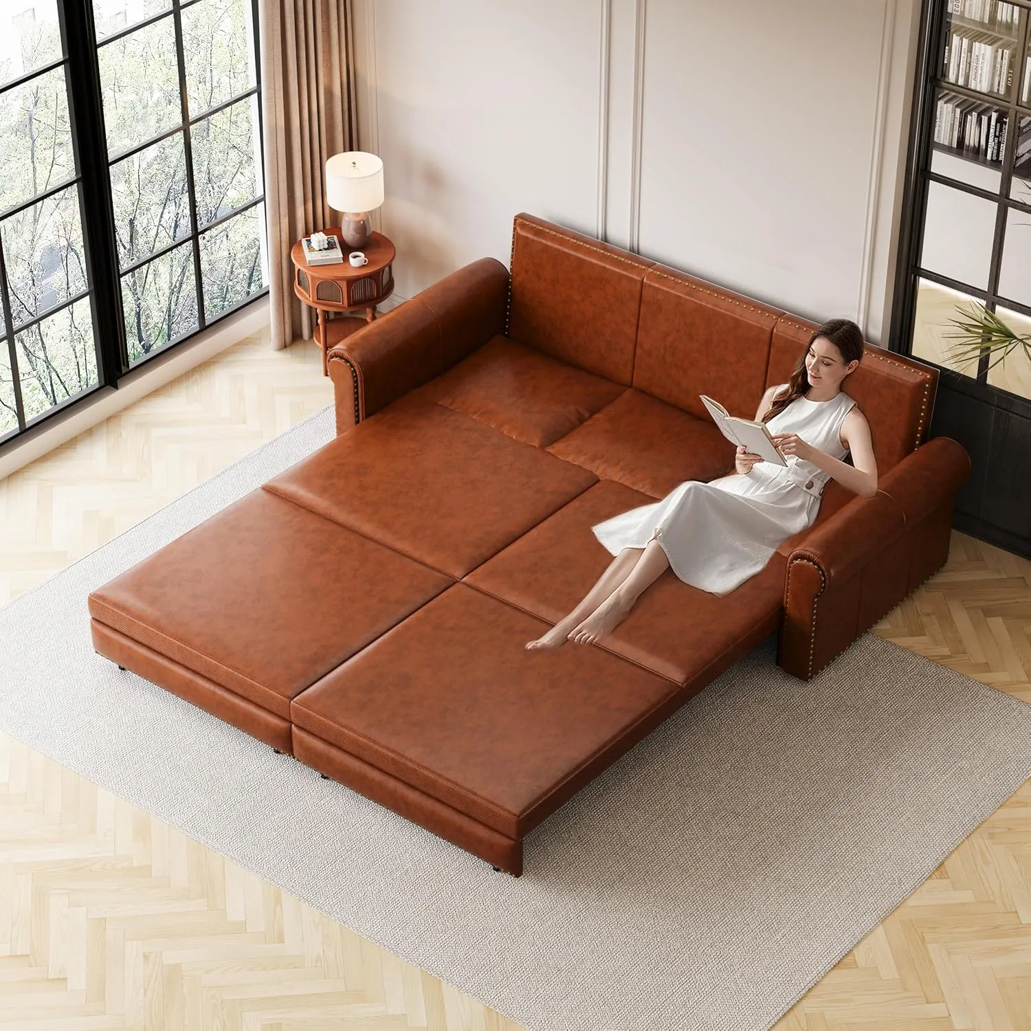 93.7" Living Room King Size Sofabed 3 in 1 Chesterfield Sofa Nailhead Trim Convertible Sleeper, Faux Leather Upholstered Chaise Daybed Oversized Loveseat 3Seater Sofa&Couch W/Pull Out Sleep Couch Bed