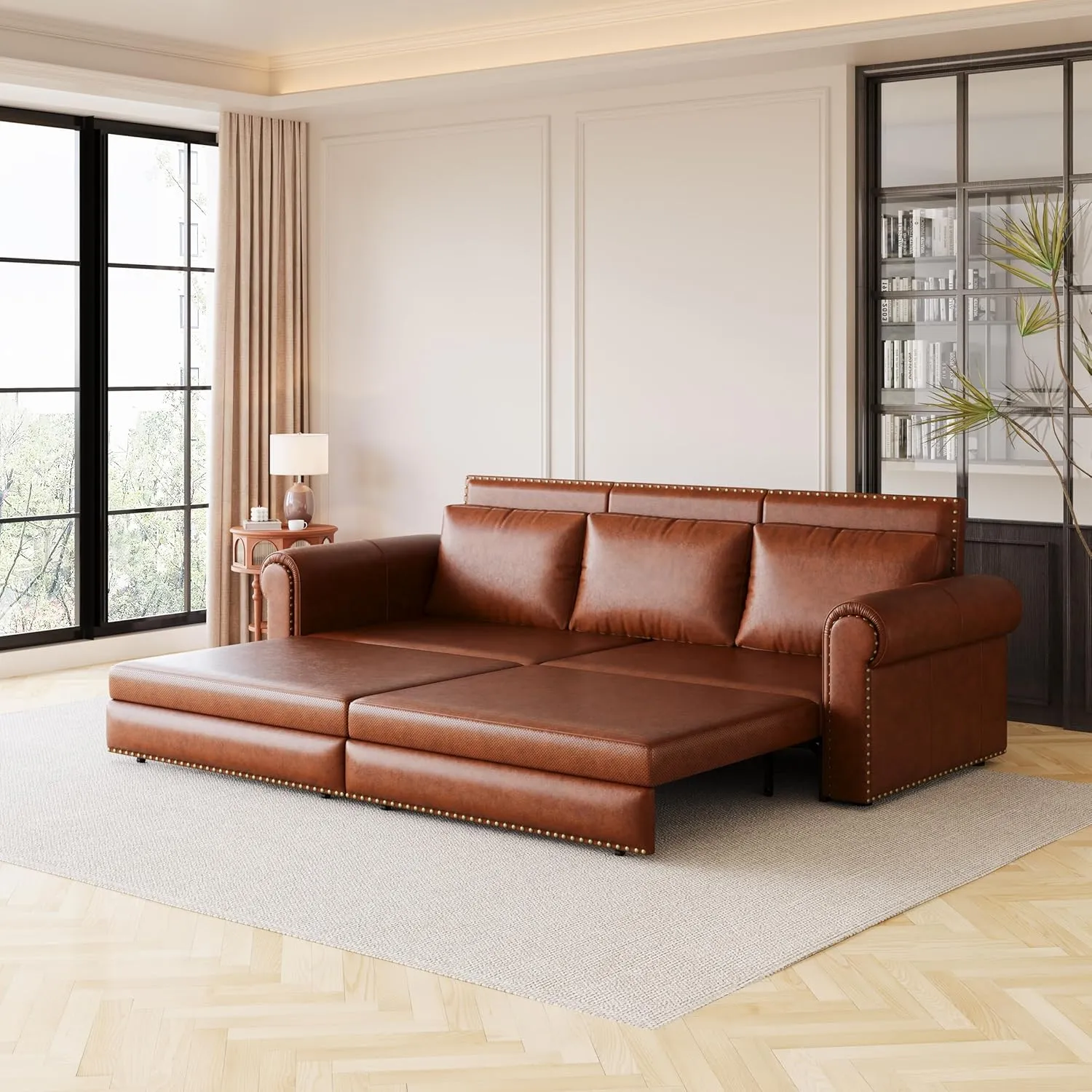 93.7" Living Room King Size Sofabed 3 in 1 Chesterfield Sofa Nailhead Trim Convertible Sleeper, Faux Leather Upholstered Chaise Daybed Oversized Loveseat 3Seater Sofa&Couch W/Pull Out Sleep Couch Bed
