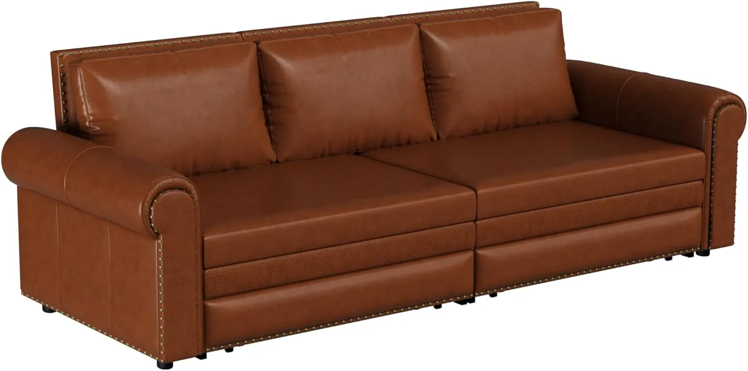 93.7" Living Room King Size Sofabed 3 in 1 Chesterfield Sofa Nailhead Trim Convertible Sleeper, Faux Leather Upholstered Chaise Daybed Oversized Loveseat 3Seater Sofa&Couch W/Pull Out Sleep Couch Bed