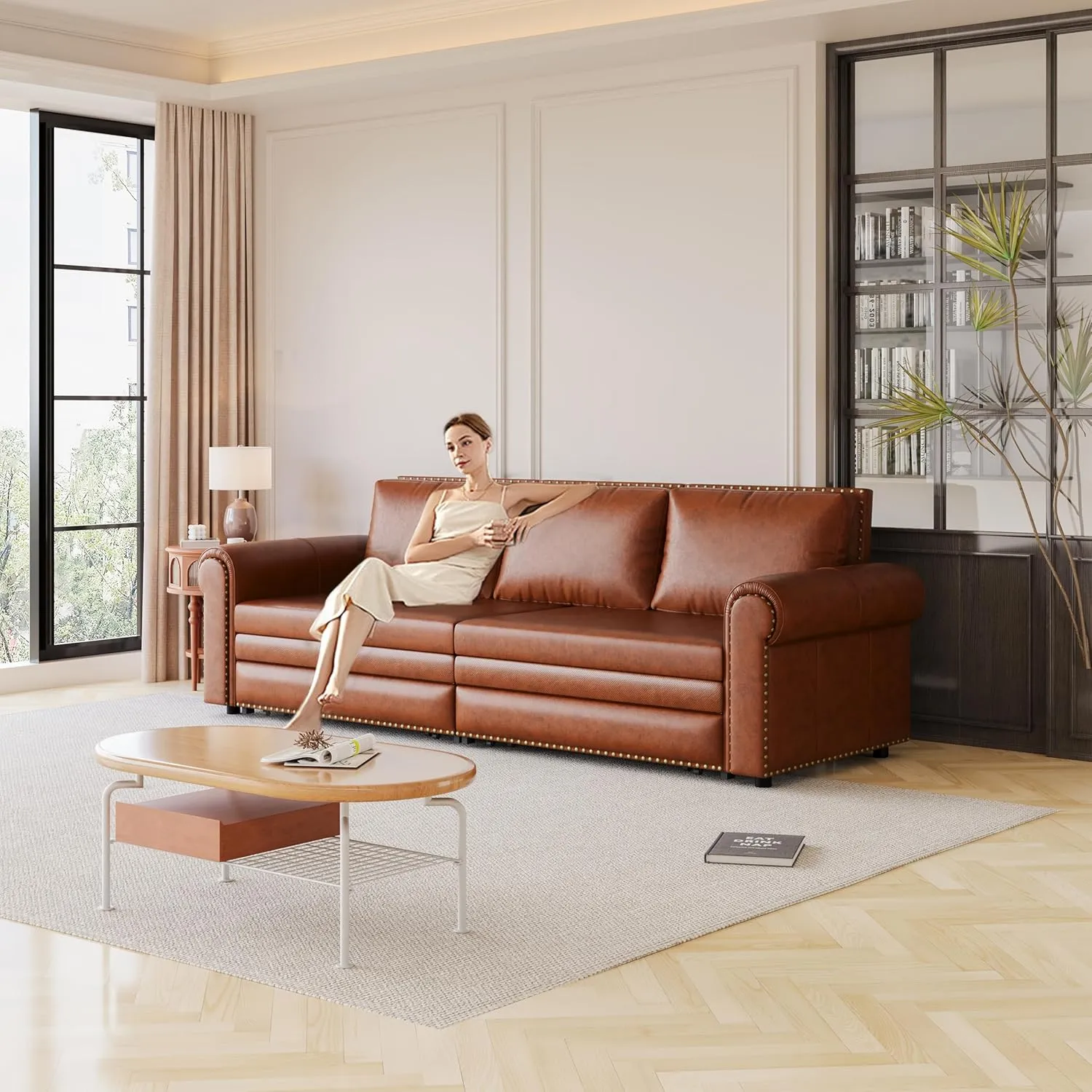 93.7" Living Room King Size Sofabed 3 in 1 Chesterfield Sofa Nailhead Trim Convertible Sleeper, Faux Leather Upholstered Chaise Daybed Oversized Loveseat 3Seater Sofa&Couch W/Pull Out Sleep Couch Bed
