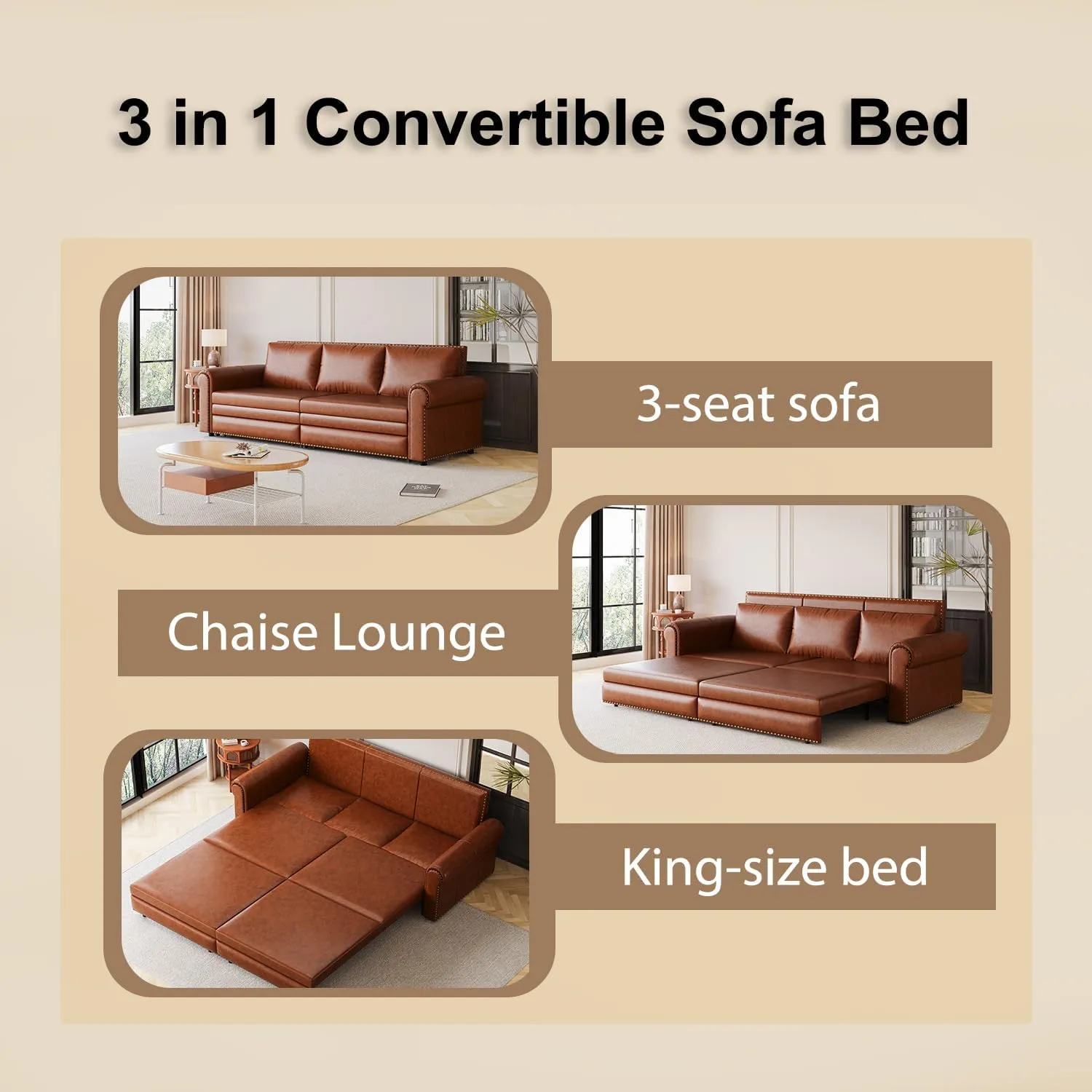 93.7" Living Room King Size Sofabed 3 in 1 Chesterfield Sofa Nailhead Trim Convertible Sleeper, Faux Leather Upholstered Chaise Daybed Oversized Loveseat 3Seater Sofa&Couch W/Pull Out Sleep Couch Bed