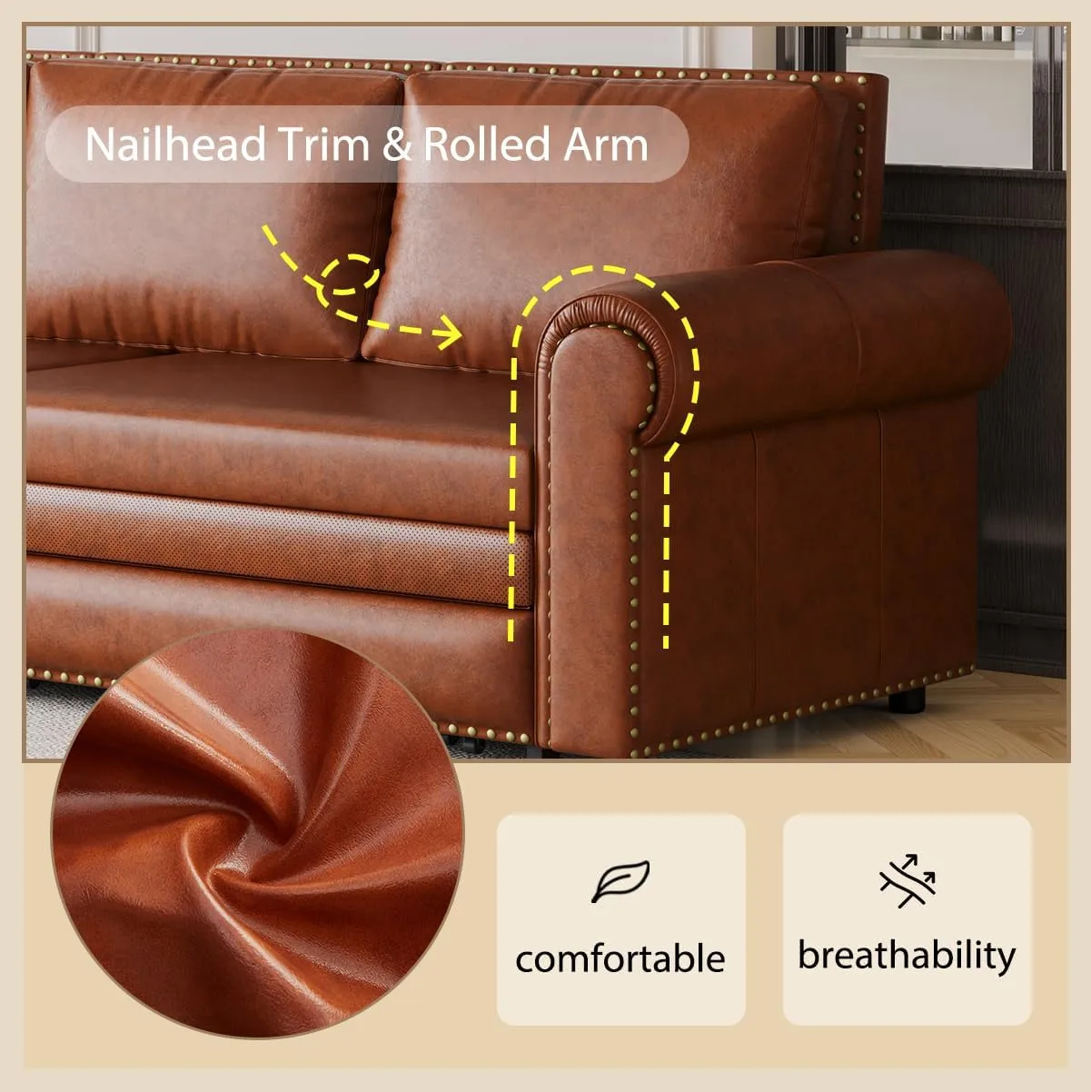 93.7" Living Room King Size Sofabed 3 in 1 Chesterfield Sofa Nailhead Trim Convertible Sleeper, Faux Leather Upholstered Chaise Daybed Oversized Loveseat 3Seater Sofa&Couch W/Pull Out Sleep Couch Bed