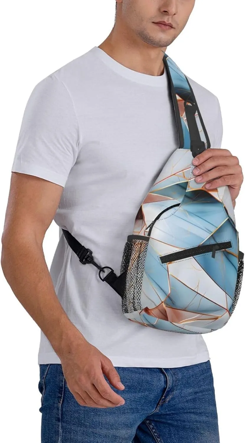 Abstract Blue Pink Marble Geo Sling Bag Crossbody Bag for Men Women, Daypack Chest Backpack Shoulder Bag for Travle Hiking