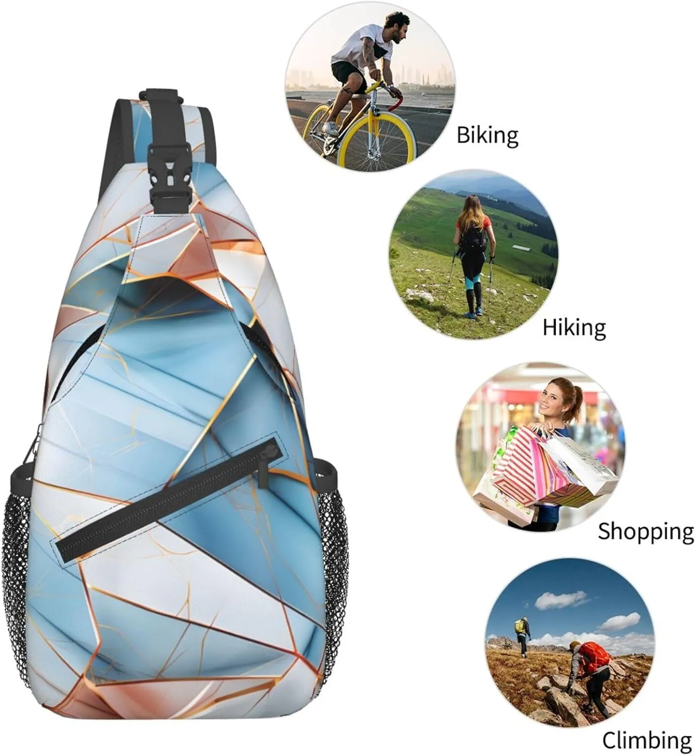 Abstract Blue Pink Marble Geo Sling Bag Crossbody Bag for Men Women, Daypack Chest Backpack Shoulder Bag for Travle Hiking