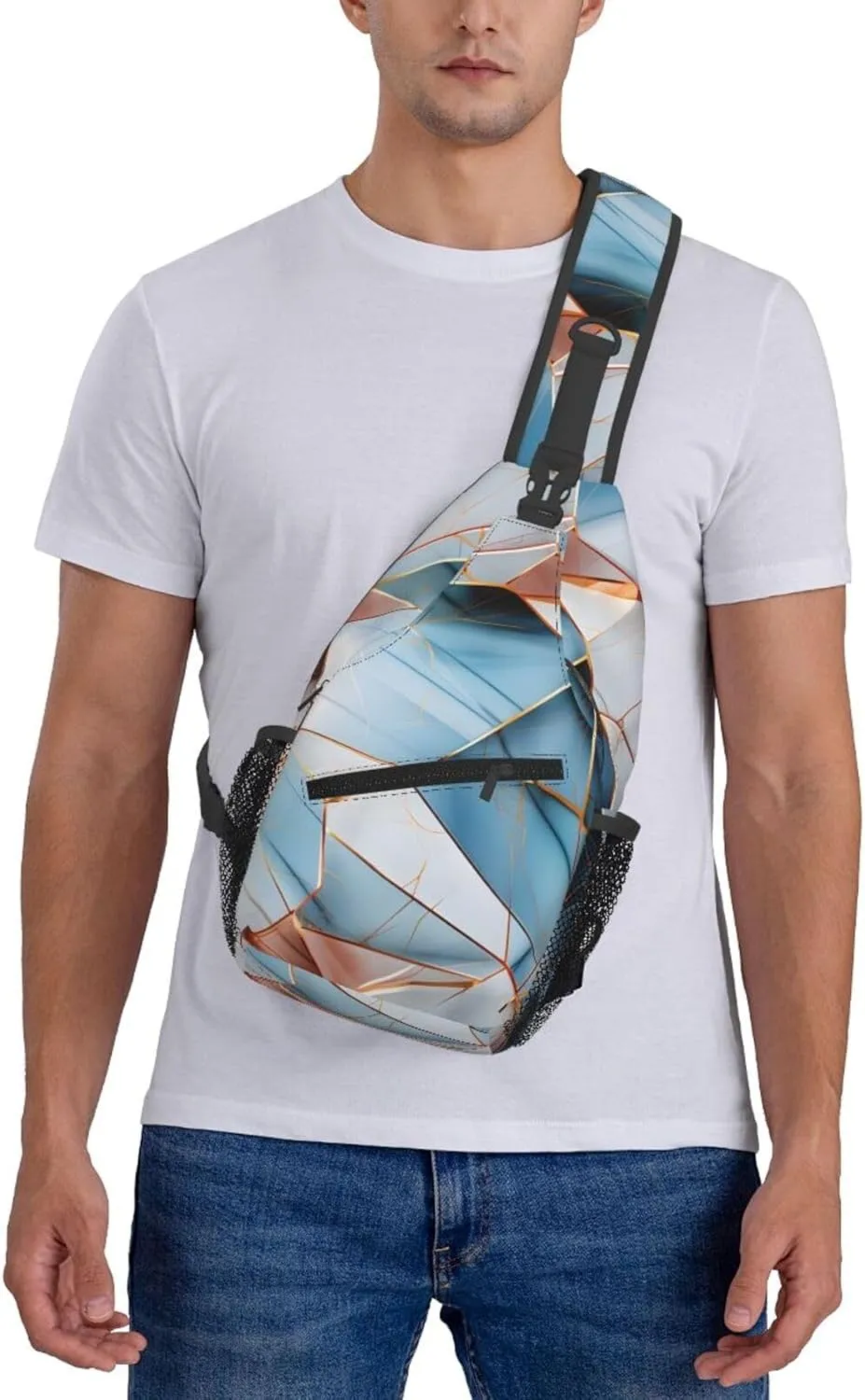 Abstract Blue Pink Marble Geo Sling Bag Crossbody Bag for Men Women, Daypack Chest Backpack Shoulder Bag for Travle Hiking