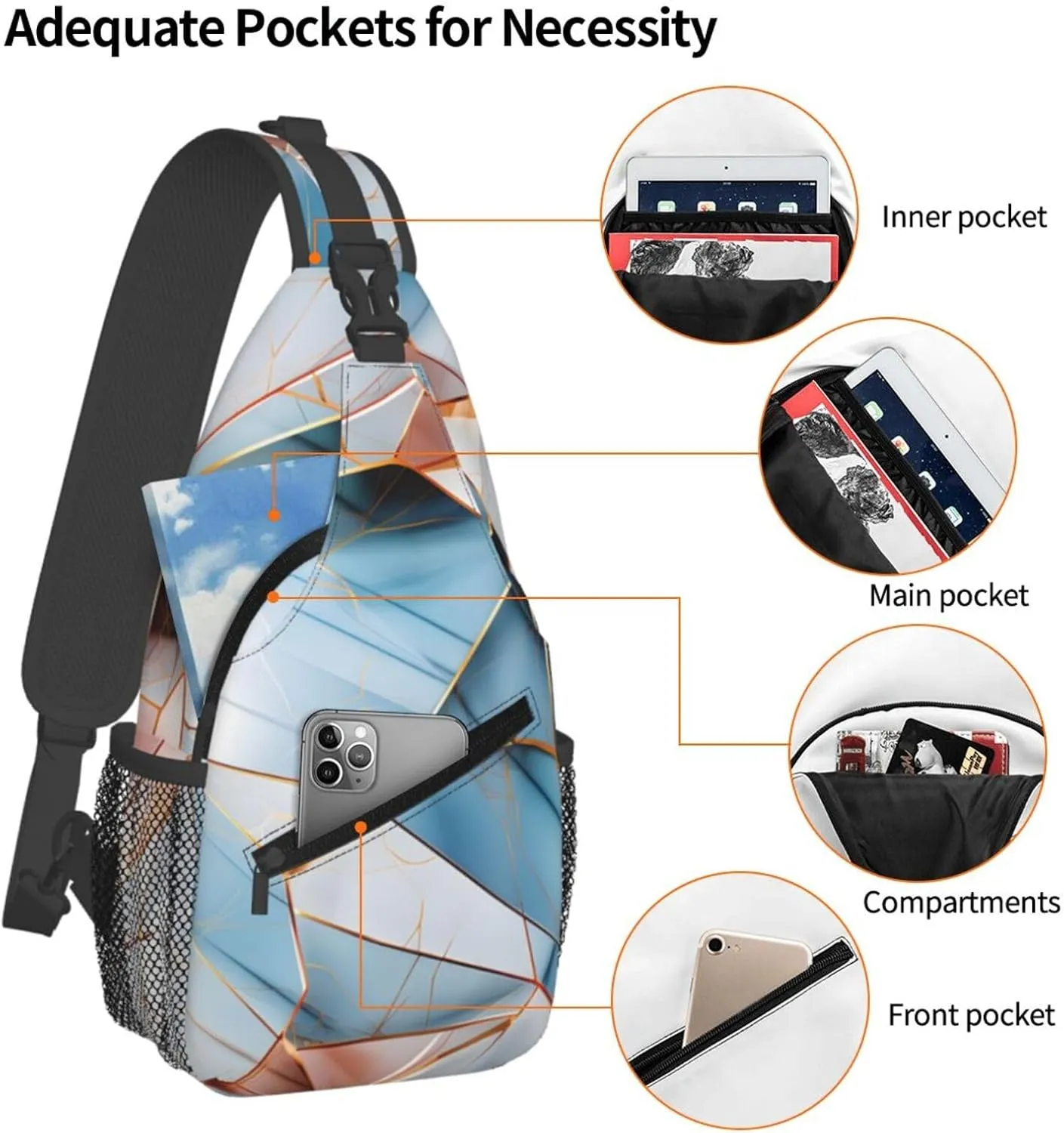 Abstract Blue Pink Marble Geo Sling Bag Crossbody Bag for Men Women, Daypack Chest Backpack Shoulder Bag for Travle Hiking