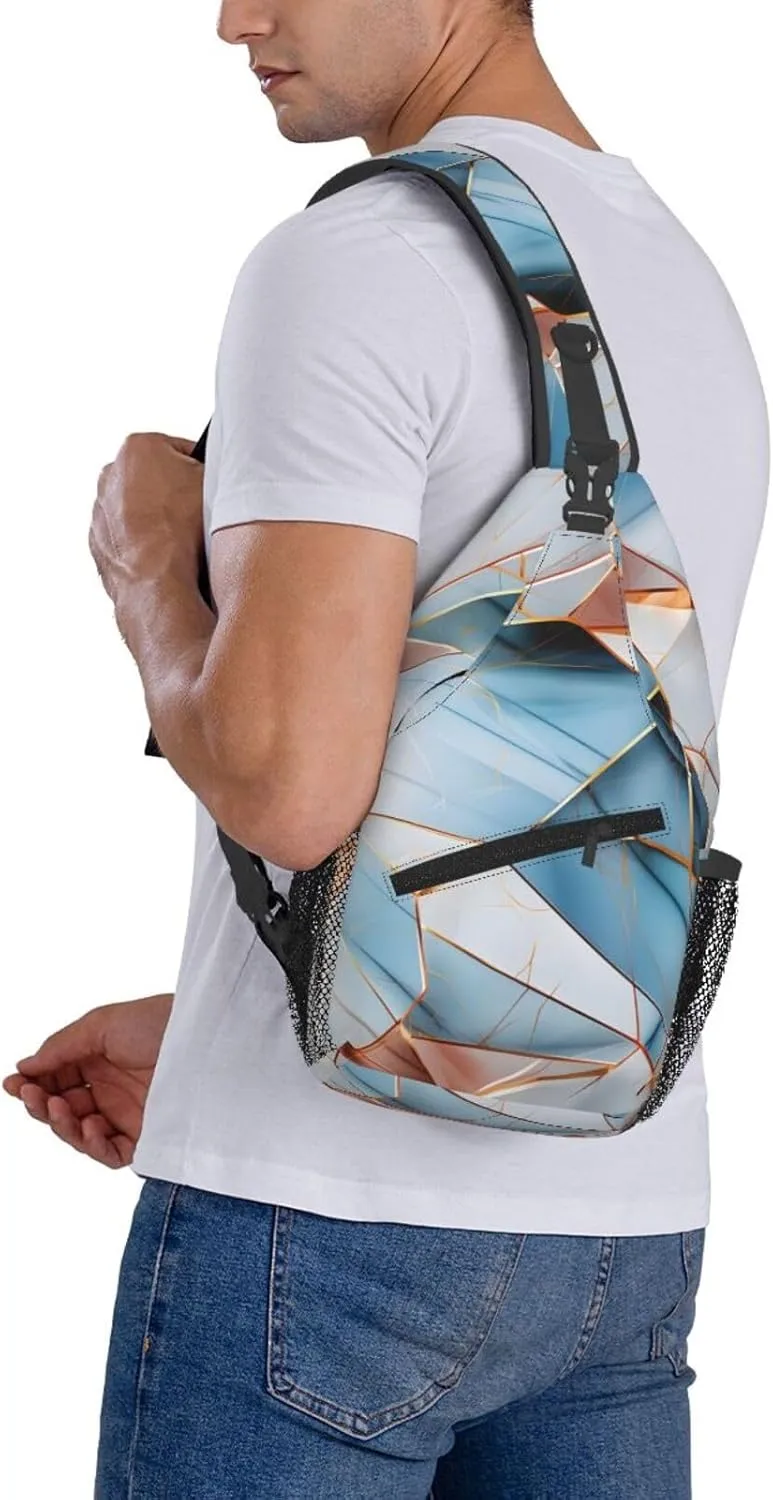 Abstract Blue Pink Marble Geo Sling Bag Crossbody Bag for Men Women, Daypack Chest Backpack Shoulder Bag for Travle Hiking