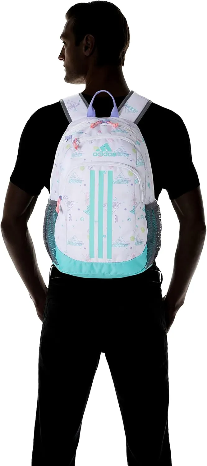 adidas Creator Laptop Backpack for Women and Men, Comfortable and Durable Small Athletic Bag, Icon Brand Love White/Flash Aqua Blue/Light Purple, One Size