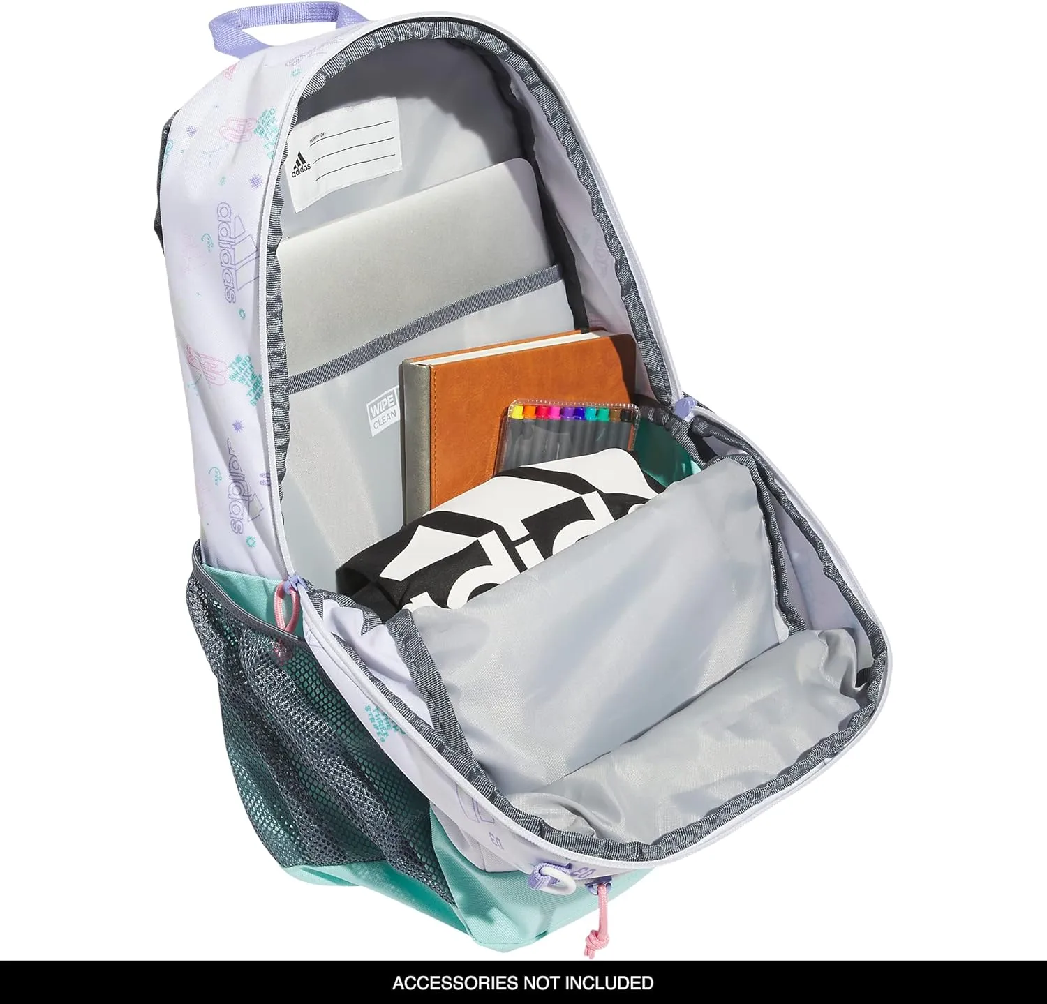 adidas Creator Laptop Backpack for Women and Men, Comfortable and Durable Small Athletic Bag, Icon Brand Love White/Flash Aqua Blue/Light Purple, One Size