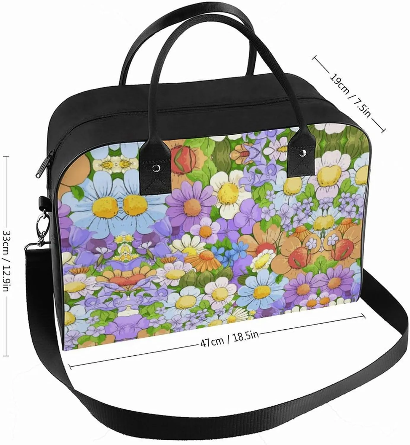 Adults Shoulder Nylon White Florals Fashion Handbag for Traveling 13" X 19" X 8"