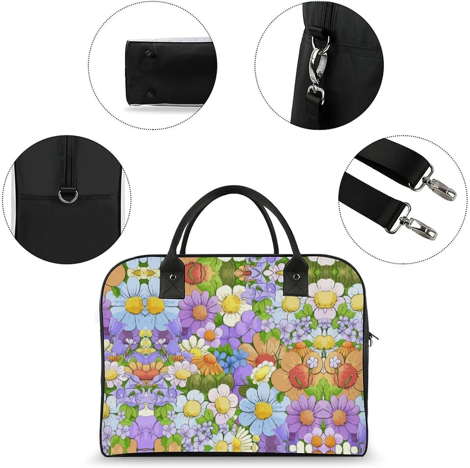 Adults Shoulder Nylon White Florals Fashion Handbag for Traveling 13" X 19" X 8"
