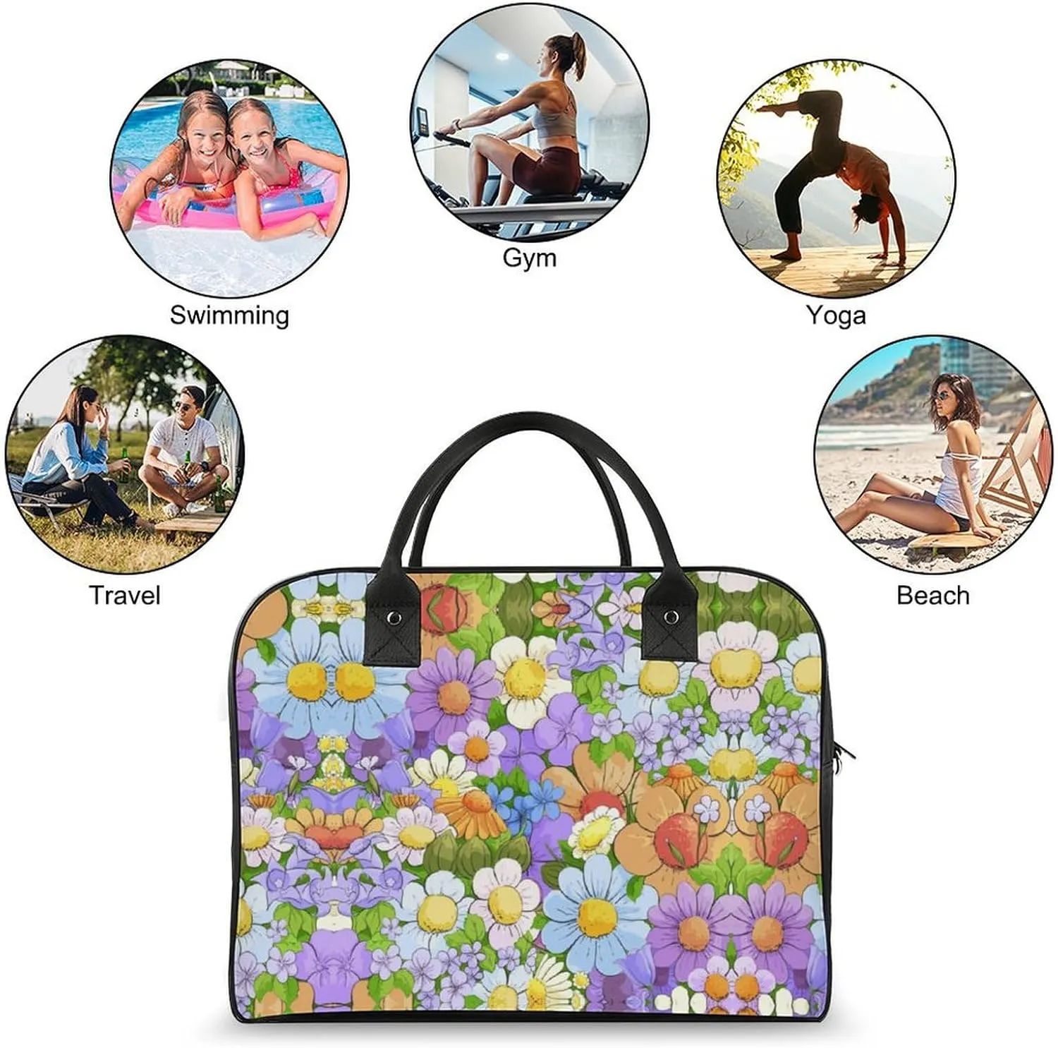 Adults Shoulder Nylon White Florals Fashion Handbag for Traveling 13" X 19" X 8"