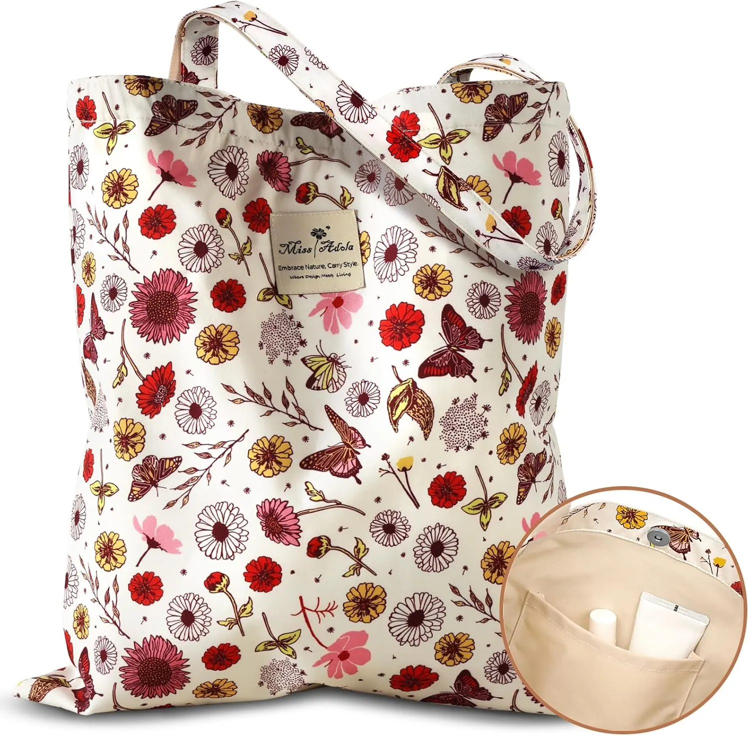 Aesthetic Cotton Tote Bag for Women - Reusable Shoulder Bag with Buckle Fabric Bag for Gym, Travel, Work