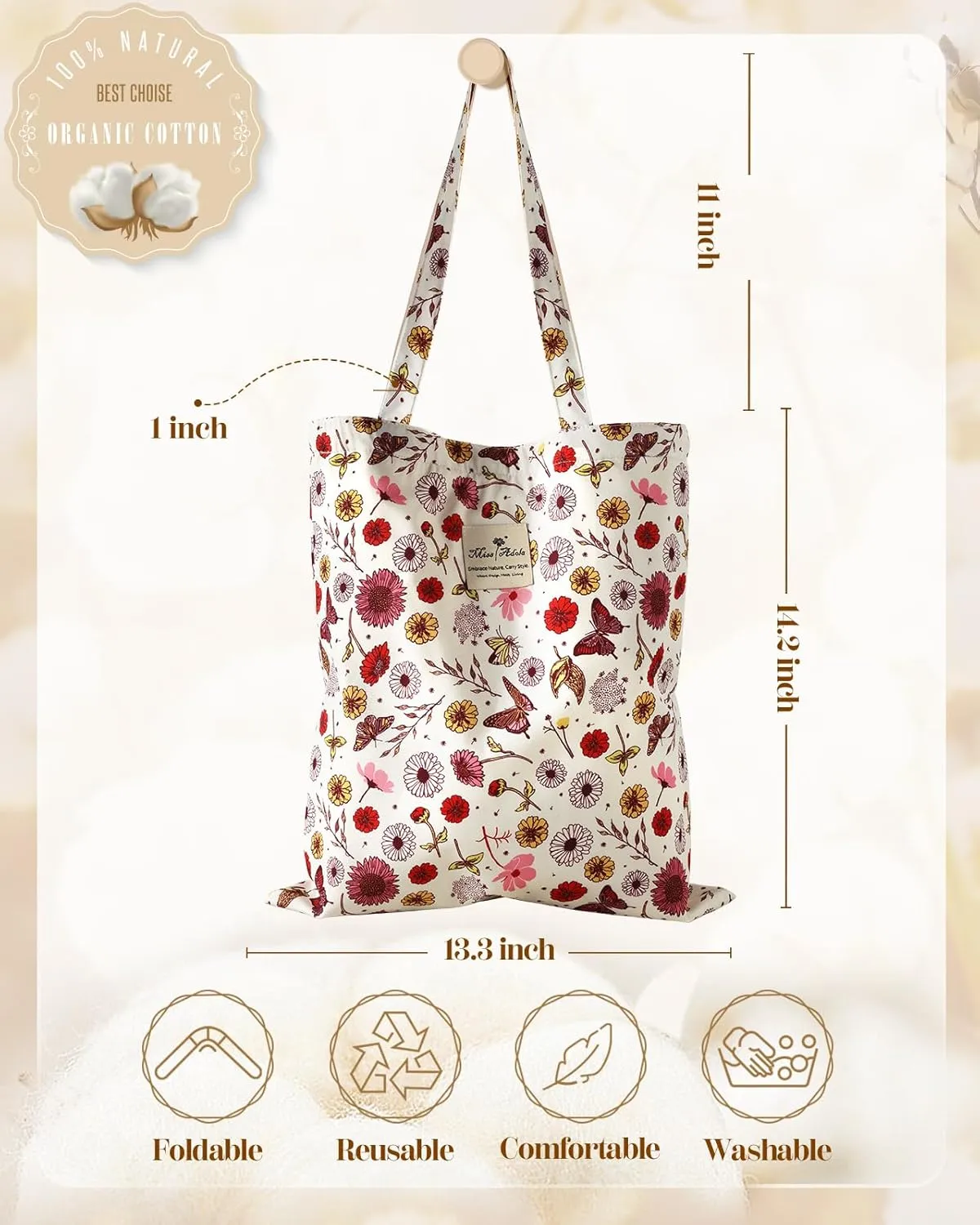 Aesthetic Cotton Tote Bag for Women - Reusable Shoulder Bag with Buckle Fabric Bag for Gym, Travel, Work