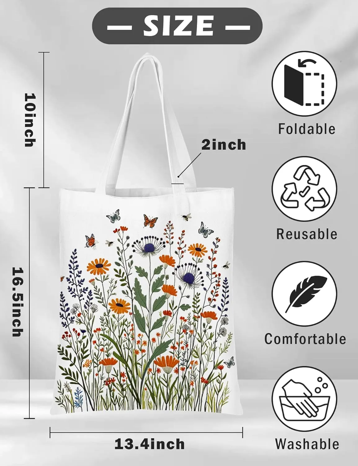 Aesthetic Floral Canvas Tote Bag for Women Reusable Shoulder Bag with Zipper Inner Pocket for Women Lady