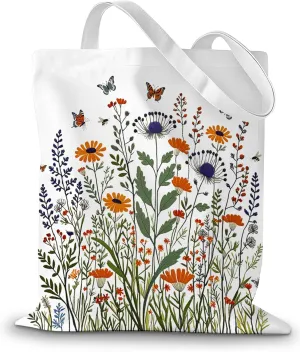 Aesthetic Floral Canvas Tote Bag for Women Reusable Shoulder Bag with Zipper Inner Pocket for Women Lady