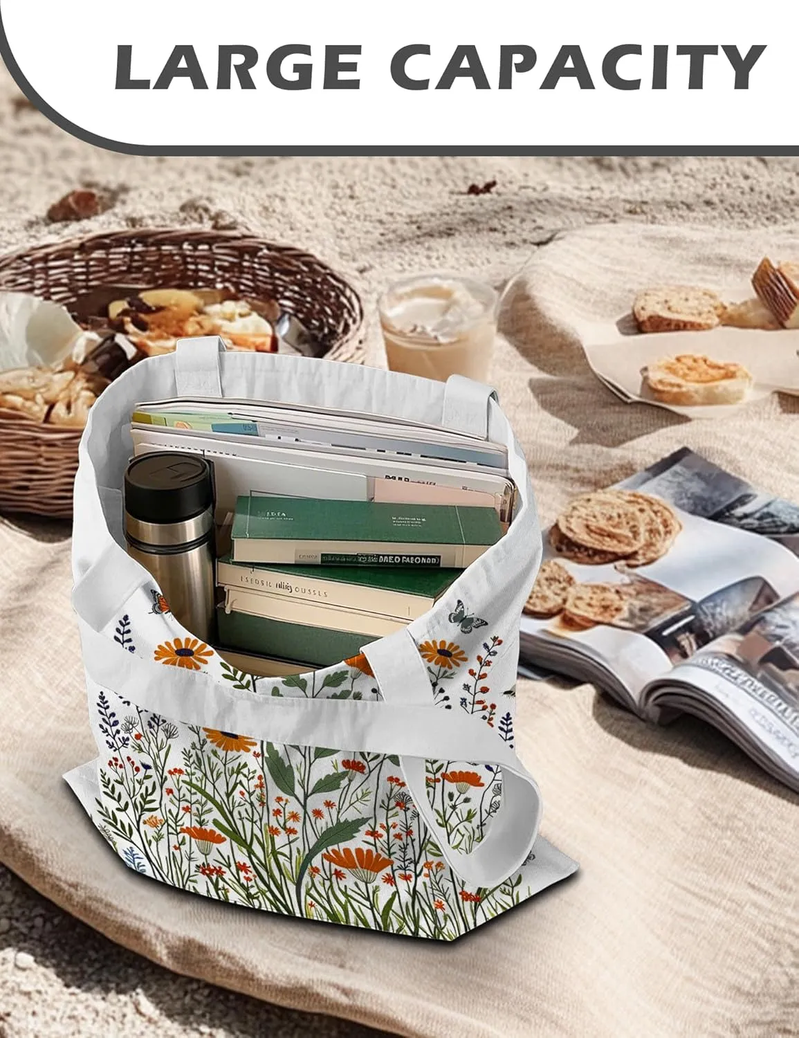 Aesthetic Floral Canvas Tote Bag for Women Reusable Shoulder Bag with Zipper Inner Pocket for Women Lady