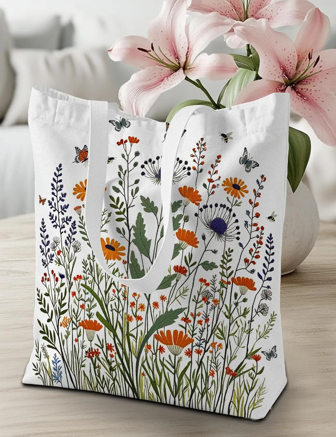 Aesthetic Floral Canvas Tote Bag for Women Reusable Shoulder Bag with Zipper Inner Pocket for Women Lady