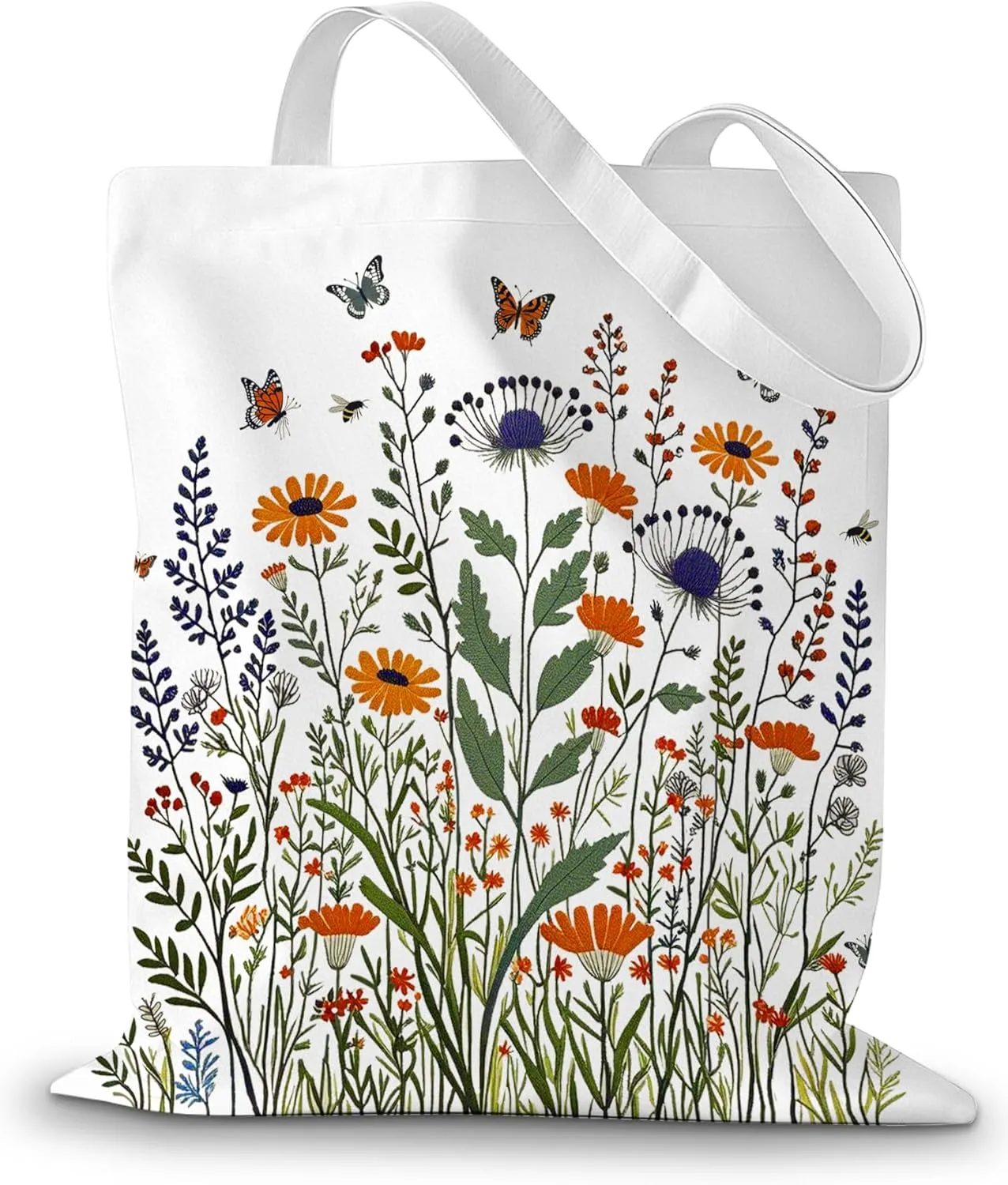 Aesthetic Floral Canvas Tote Bag for Women Reusable Shoulder Bag with Zipper Inner Pocket for Women Lady