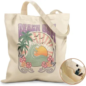 Aesthetic Tote Bag for Girls - with Magnetic Buckle and Zipper Inner Pocket for Women Lady Canvas Cotton Tote Bag