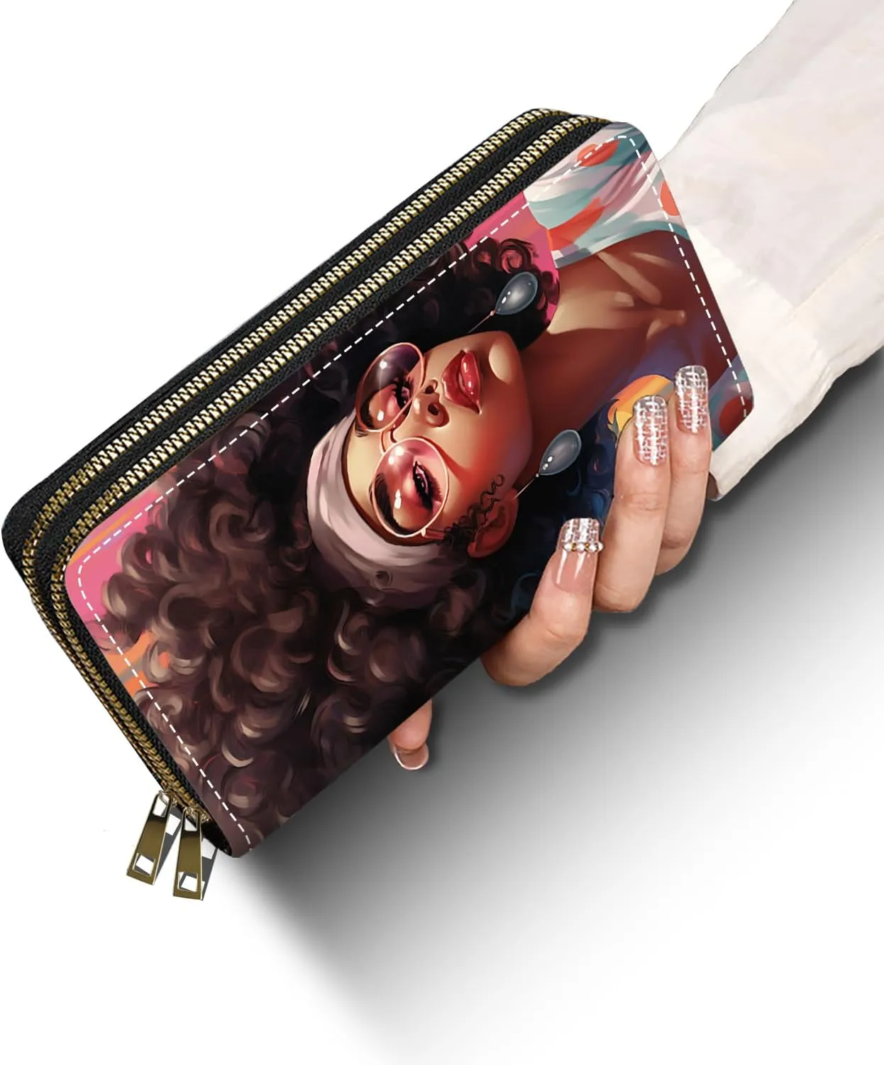 African American Women Print Women Large Capacity Wallet PU Leather Double Zipper Clutch Purse for Smart Phone/Card/Coin/Cash